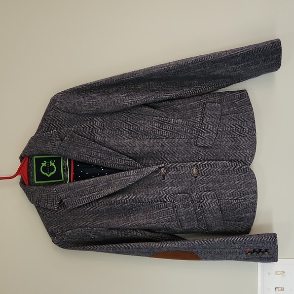 Navy-Blue Herringbone C. Wonder Wool Blazer Jacket sz 2 metal button elbow patch - Picture 1 of 5